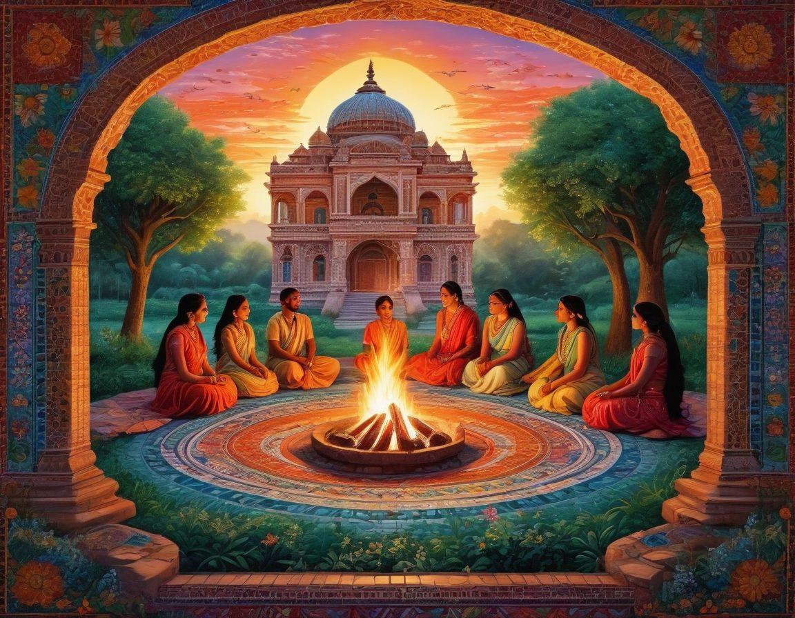 A vibrant mosaic of traditional Indian motifs, featuring a storytelling scene with diverse characters sharing Hindi tales around a bonfire, surrounded by lush green landscapes and ancient temple ruins. Include intricate patterns inspired by Indian textiles and folklore elements like mythical creatures and famous epics. The colors should be warm and inviting to evoke a sense of nostalgia and cultural richness. super-realistic. vibrant colors.