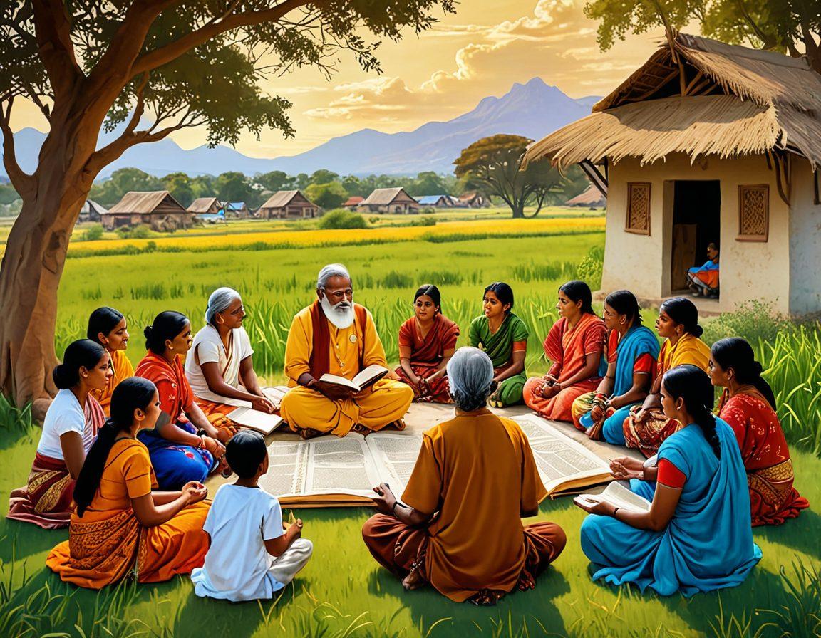 An artistic representation of a traditional Indian storyteller surrounded by diverse generations, with vibrant illustrations of iconic folklore characters emerging from an open book. The background features a blend of rural and modern elements symbolizing the connection between past and present. Use intricate patterns inspired by Indian textiles to add depth, while showcasing warm earthy tones with hints of lively colors. fusion art style. vivid colors. 3D.