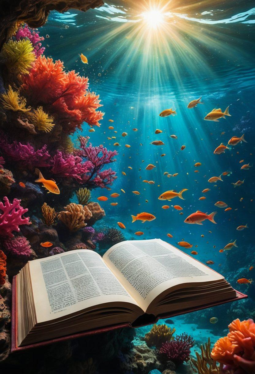 A mystical underwater scene featuring a vintage open book with Hindi script floating among colorful fish and coral reefs, symbolizing the depth of Hindi literature. The light filters through the water, illuminating the pages and the vibrant marine life around it. Ethereal bubbles rise, carrying stories to the surface, with subtle references to traditional Indian motifs in the surroundings. surrealism. vibrant colors. ethereal atmosphere.